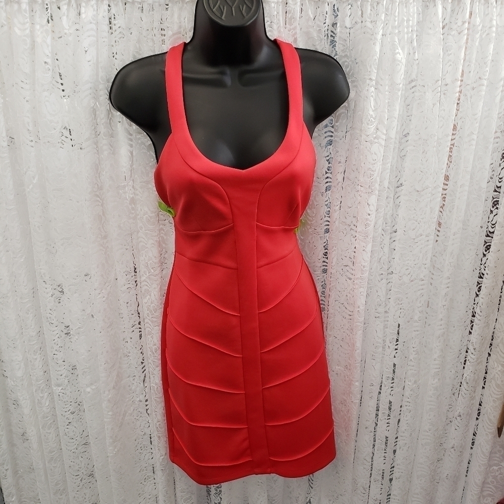 Dark Coral Bandage Bodycon Mini Dress - Picture 2 of 4